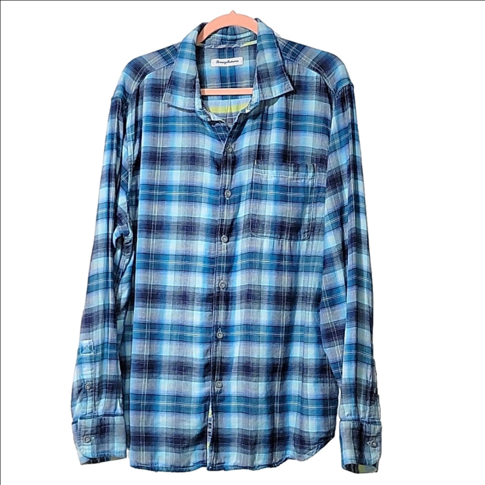 TOMMY BAHAMA 100% cotton plaid LS button up, shades of blue, double weight Sz XL